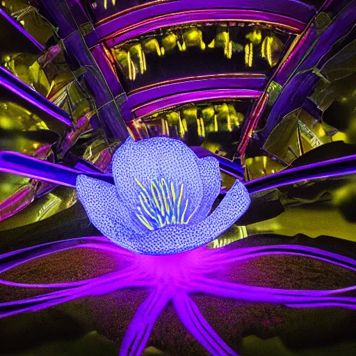Image similar to electroluiniscent flower blooming at twilight, glow, wide-angle lens, beautiful, intricate, noctilucent, landscape, glowing neon, unreal engine