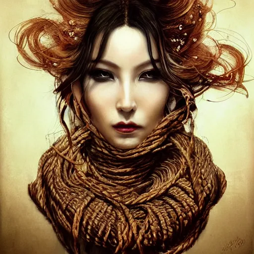 Image similar to portrait of a Shibari rope wrapped face and neck, headshot, insanely nice professional hair style, dramatic hair color, digital painting, of a old 13th century, traveler, amber jewels, baroque, ornate clothing, scifi, realistic, hyperdetailed, chiaroscuro, concept art, art by Franz Hals and Jon Foster and Ayami Kojima and Amano and Karol Bak,