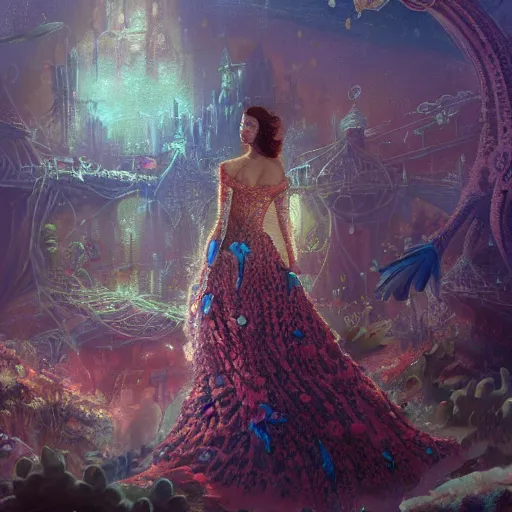 Prompt: Oil painting of underwater town, sea queen wearing a detailed dress with coral, D&D, Magic The Gathering, by Craig Mullins, intricate details, light rays from the surface, Nekro, Victo Ngai, centered, symmetrical, volumetric lighting