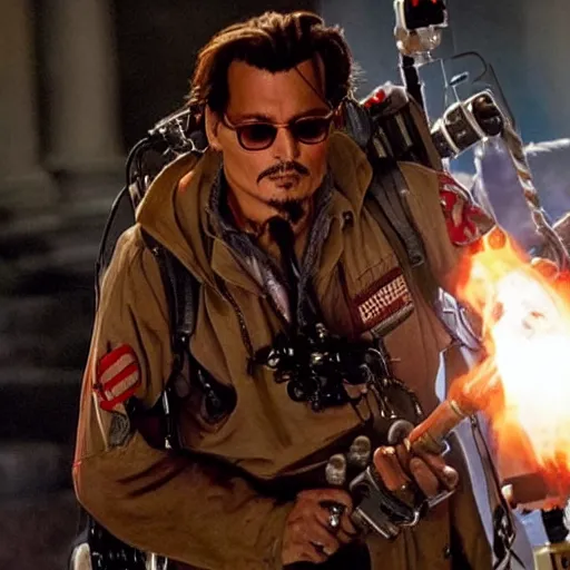 Prompt: stunning awe inspiring johnny depp as a ghostbuster in the movie ghostbusters, highly detailed face, movie still 8 k hdr atmospheric lighting