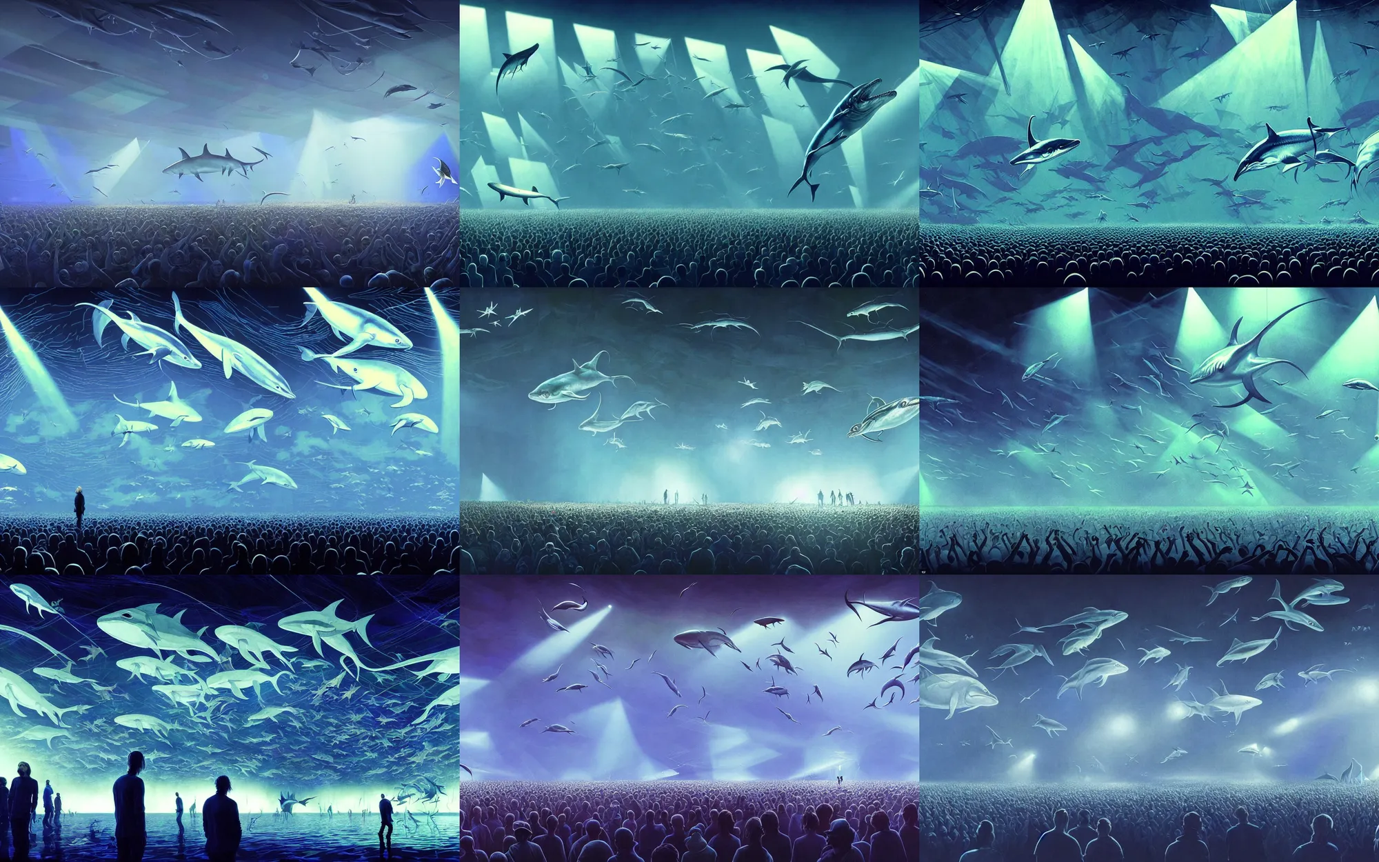 Prompt: thom yorke is seeing weird fishes in the air while playing on stage with radiohead, whales, mantis, dolphins and swordfish, concept art by ralph macquarrie, greg rutkowski and james gurney, volumetric light, large crowd in the background, global illumination, detailed, dreamy, surreal