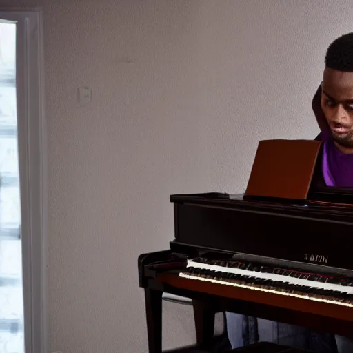 Image similar to 3 0 year old man playing the pino front facing his hands are covered by the piano light dark skin, his facing is facing front