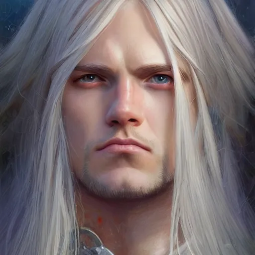 Prompt: 2 7 year old male with blue eyes and long straight blonde hair no beard with feminine features as a fantasy d & d character, closeup portrait art by donato giancola and greg rutkowski, face, digital art, trending on artstation, symmetry!!