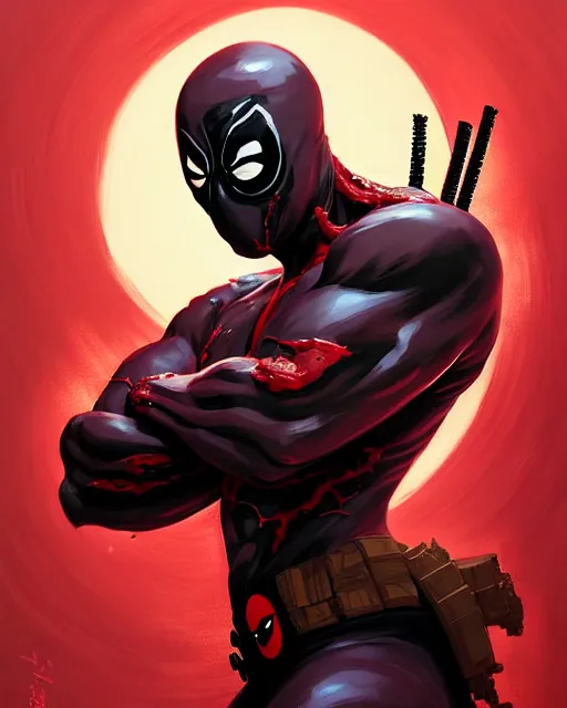 Image similar to highly detailed closeup portrait of a mutated venom symbiote in deadpool suit with a fierce expression, wearing his katana, by atey ghailan, by greg rutkowski, by greg tocchini, by james gilleard, by joe fenton, by kaethe butcher, red, black, crimson and grey color scheme