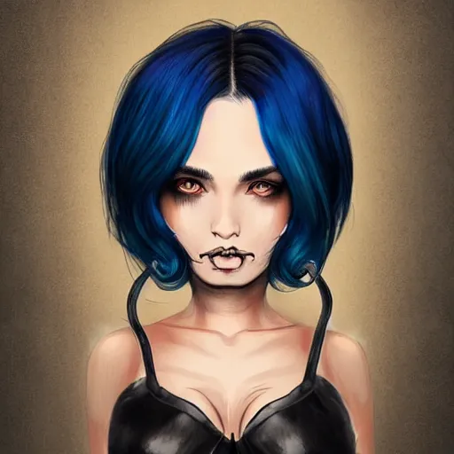 Image similar to illustrated realistic portrait of ram-horned devil woman with blue bob hairstyle and her tan colored skin and with solid black eyes wearing leather by rossdraws