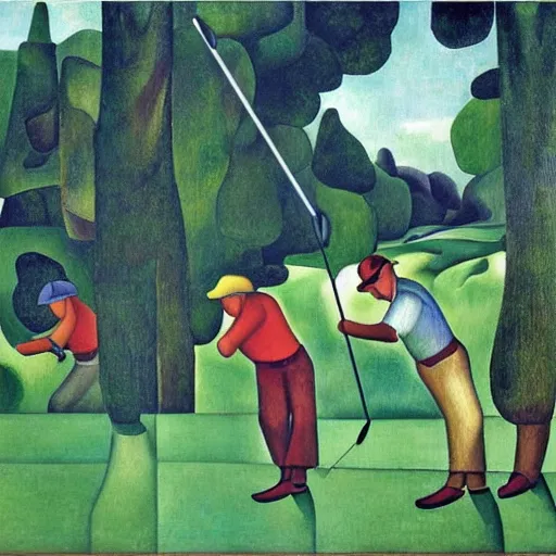 Image similar to Three golfers on a beautiful golf course, by Diego Rivera