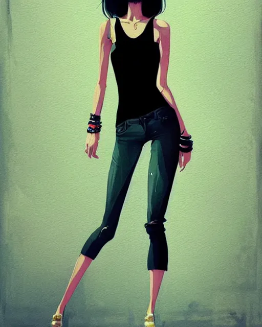 Image similar to a ultradetailed beautiful painting of a stylish woman in black tanktop and jeans, by conrad roset, greg rutkowski and makoto shinkai trending on artstation