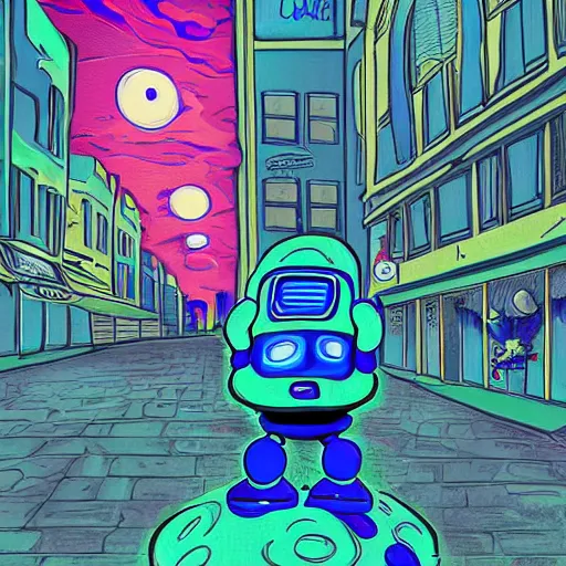 Image similar to blue robot ghost wearing a letterman jacket and genie pants, v mouth, cow lick hair practicing magic in a green slime filled city realistic art wide angle view realistic high detail