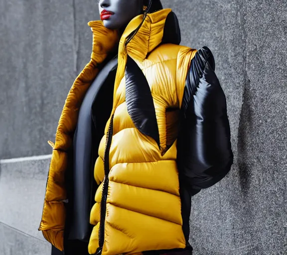 Image similar to well lit fashion shoot portrait of extremely beautiful female black marble statue wearing huge puffer jacket over size futuristic outerwear, puffer trouser, puffer jacket, puffer jacket by moncler genius, dingyun zhang, yeezy, balenciaga, vetements, sharp focus, clear, detailed, detailed, glamorous, symmetrical, vogue, editorial, fashion,