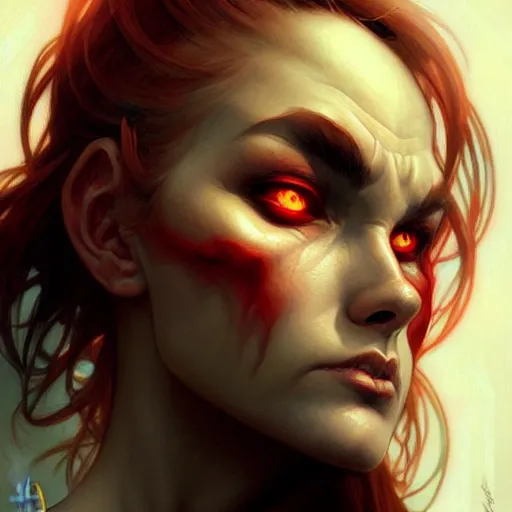 Prompt: face portrait of angry demon, realistic, high qulity, 4 k, sharp fucos, tranding on art station, illustration, art by artgerm and greg rutkowski and alphonse mucha