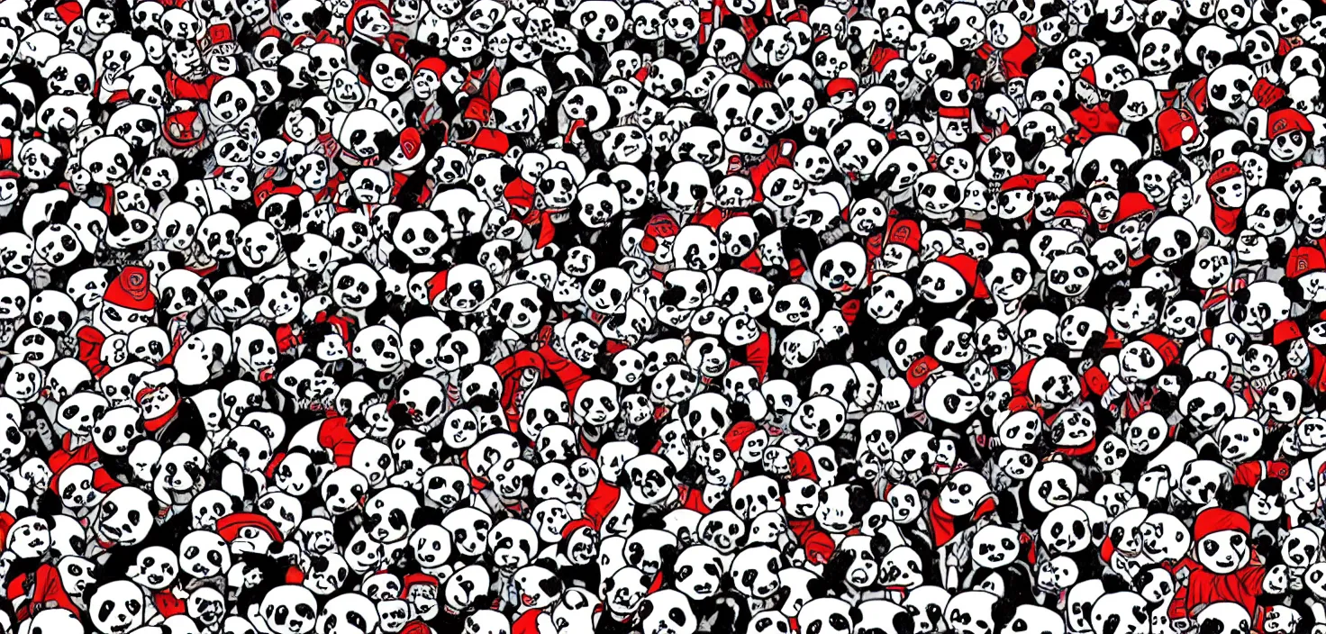 Prompt: a where's Wally challenge but with pandas, comic book style