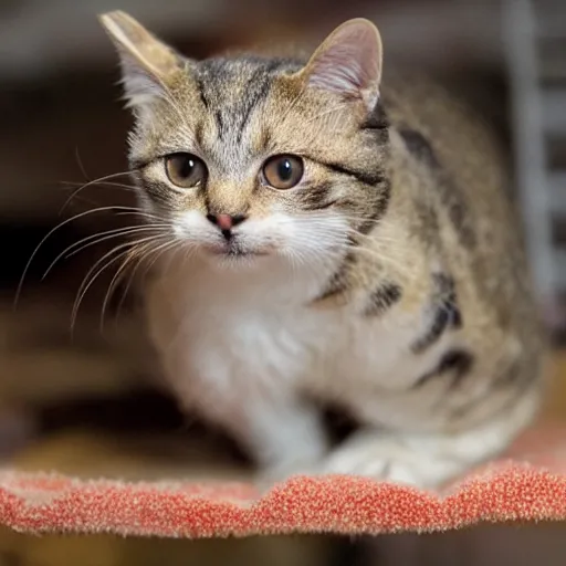 Image similar to a small domestic housecat with a spotted mushroom growing atop its head