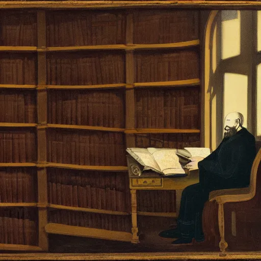 Prompt: Dimly lit library with wide shelves. On the side is a 20 year old bald man with a short length full brown beard and vibrant blue eyes sitting with gloom and depression. Dark. Neoclassic painting.