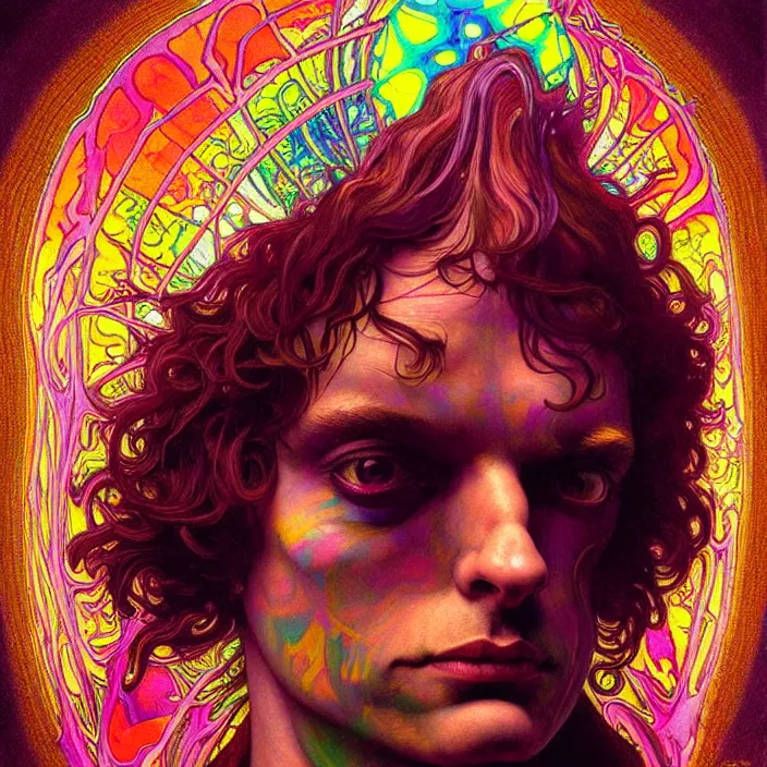 Prompt: bright psychedelic photo of SYD BARRET tripping on lsd, diffuse lighting, fantasy, intricate, elegant, highly detailed, lifelike, photorealistic, digital painting, artstation, illustration, concept art, smooth, sharp focus, art by John Collier and Albert Aublet and Krenz Cushart and Artem Demura and Alphonse Mucha