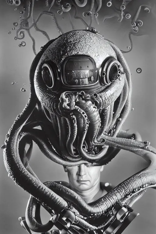 Image similar to extremely detailed studio portrait of space astronaut, alien tentacle protruding from eyes and mouth, slimy tentacle breaking through helmet visor, shattered visor, full body, soft light, disturbing, shocking realization, hyper detailed, award winning photo by herb ritts