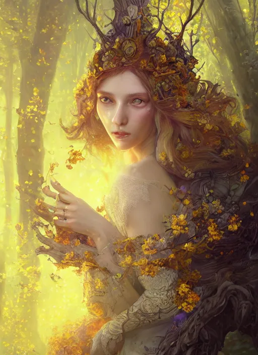 Image similar to intricate oil painting portrait by Anna Dittmann depicting a stunning female fantasy cleric in a bright temple surrounded by yellow spring forest and dead trees, evening, atmospheric lighting, intricate detail, cgsociety, hyperrealistic, octane render, RPG portrait, ambient light, dynamic lighting