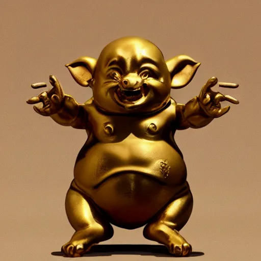 Image similar to a happy cute fat Lucky Golden Goblin statue,fat lucky god, bright art masterpiece artstation. hyper details, golden smooth material, sculpted by Alex Alice, Craig Mullins, yoji shinkawa, trending on artstation, beautifully lit, Peter mohrbacher, hyper detailed, insane details, intricate, elite, elegant, luxury, glittering light, CGsociety, hypermaximalist, golden ratio, treasure background, volumetric, octane render, weta digital, micro details, 3d sculpture