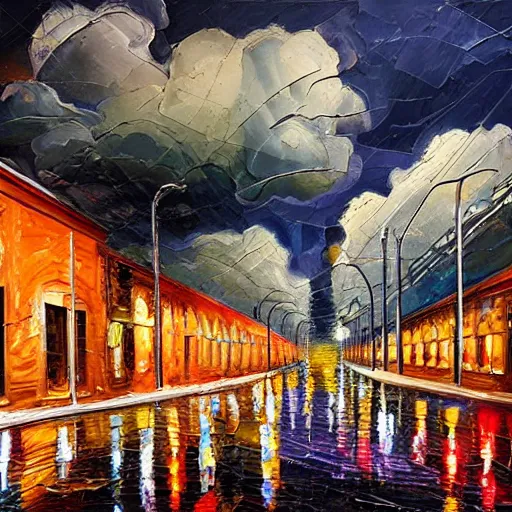 Prompt: oil paint impasto reliefs, rainy city night scene, super realistic, influenced by constables cloud studies, painted with expressive paint and cumulus clouds,