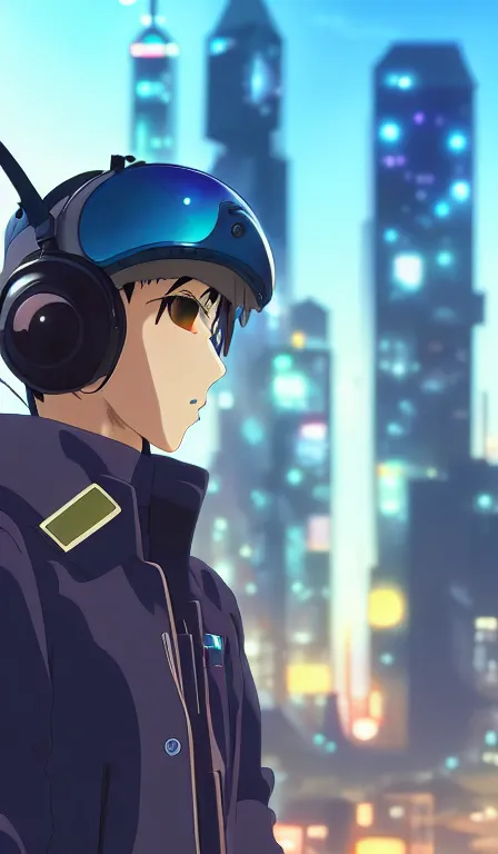 Prompt: anime fine details portrait of Pilot in front of cyberpunk moder city landscape on the background deep bokeh, close-up view, anime masterpiece by Studio Ghibli. 8k, sharp high quality anime, artstation