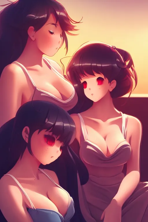 Image similar to two beautiful mothers sitting on a hot summer evening, gorgeous faces, thick lines, cinematic lighting, detailed anime art