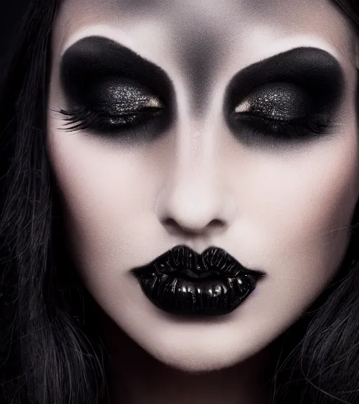 Prompt: close up portrait of a beautiful goth girl wearing heavy black makeup, studio photo, dramatic lighting