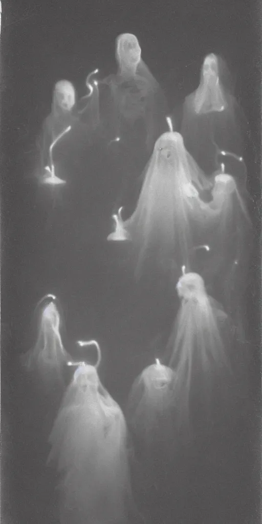 Image similar to spirit group photography with glowing bulbous ectoplasm, scary shadow people, sleep paralysis demon, 1 9 0 0 s, slimer, invoke fear and dread, old photograph, daguerreotype