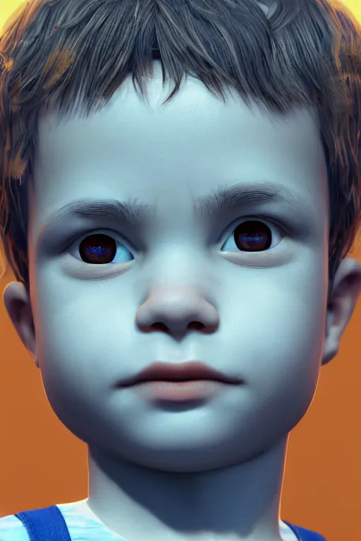 Image similar to hyperrealistic little boy close - up portrait, the portrait is decorated with art deco patterns, hyperrealistic, volumetric lighting, ultra detailed, elegant, octane render, blue and gold, 8 k, trending on artstation, unreal engine