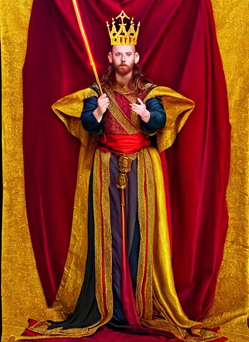 Image similar to 'Portrait of Crowned King Arthur' royally decorated, whirling plasma, atmospheric motes, red and gold Sumptuous garb, gilt silk fabric, radiant colors, fantasy, perfect lighting, studio lit, micro details,