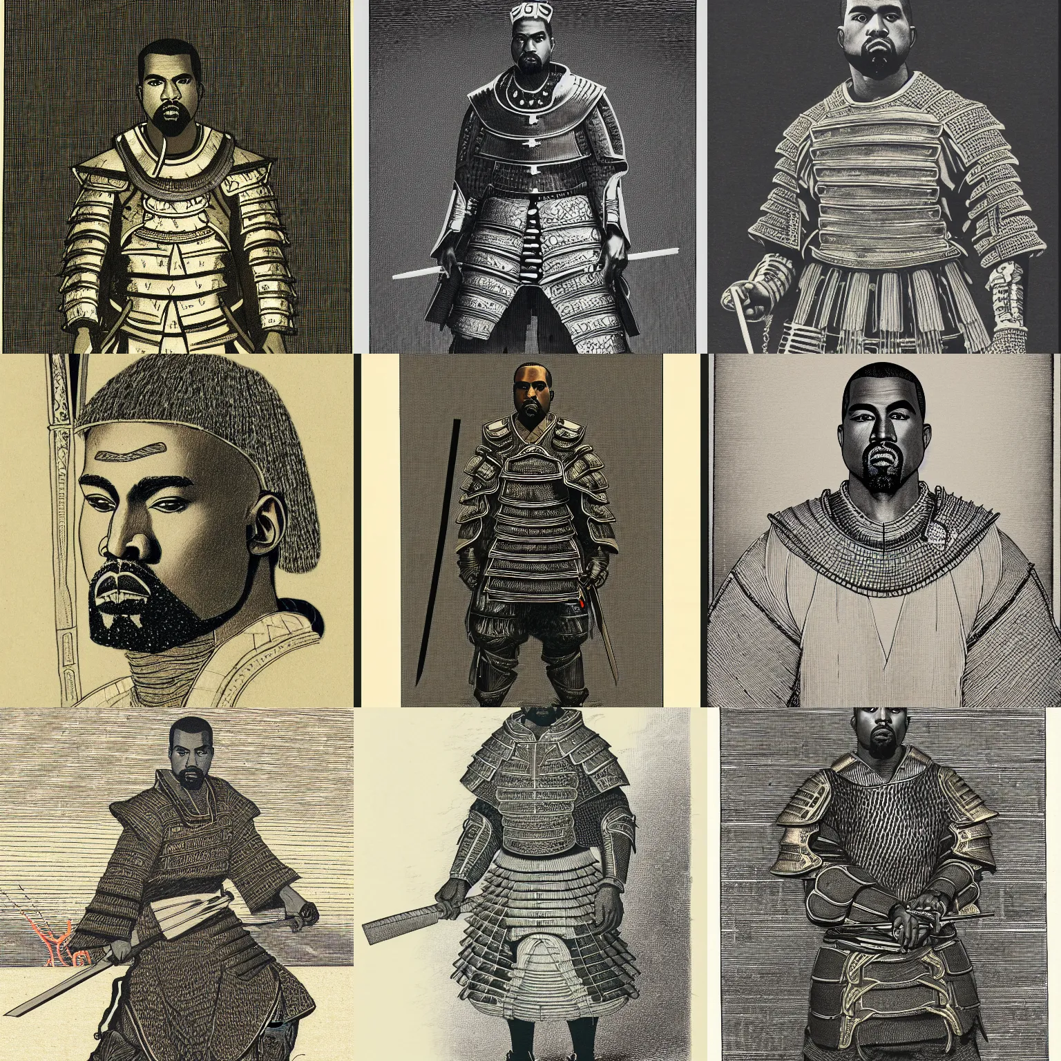 Prompt: illustration of kanye west in samurai armor, etching by louis le breton, 1 8 6 9, 1 2 0 0 dpi scan