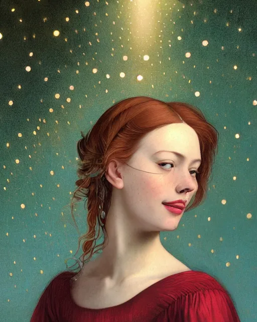 Image similar to a happy, modern looking young woman looking over shoulder, wonderful detailed dress, among the lights of golden fireflies and nature, long loose red hair, intricate details, green eyes, small nose with freckles, triangle shape face, smiling, golden ratio, high contrast, hyper realistic digital art by artemisia lomi gentileschi and caravaggio and artgerm.