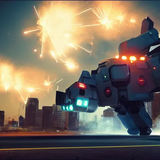 Image similar to Giant police mech fires rockets at fleeing car, color, cinematic lighting, highly detailed, octane render