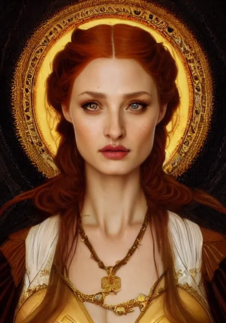 Prompt: sansa angeline jolie gessica chastain mummy cleopatra gold blood, intricate, elegant, highly detailed, digital painting, artstation, concept art, smooth, sharp focus, illustration, art by artgerm and greg rutkowski and alphonse mucha and william - adolphe bouguereau