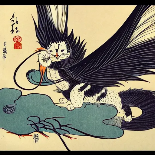 Image similar to a beautiful cat with dragon wings, illustration by hokusai