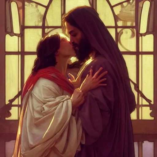 Image similar to jesus kissing a maria maddalena, elegant, highly detailed, digital painting, artstation, concept art, matte, sharp focus, illustration, art by artgerm and greg rutkowski and alphonse mucha