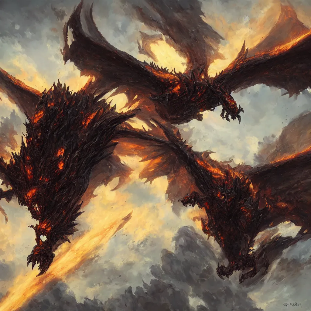 Prompt: oil painting of deathwing dragon flying down on earth by greg rutkowski