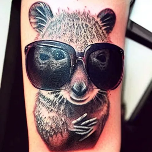 Prompt: a tattoo of a quokka wearing sunglasses