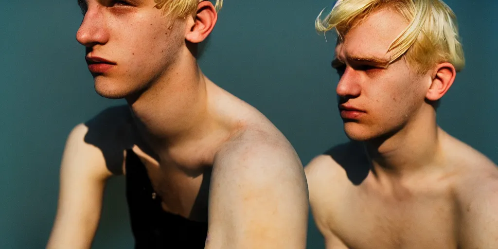 Prompt: handsome young man with blond hair terror love pain joy fear moody lighting golden hour highly detailed sharp zeiss lens 1. 8 high contrast wolfgang tillmans ryan mcginley david armstrong