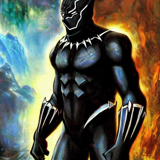 Prompt: gorgeous black panther in armor in style of outerworld by blizzard, by rembrandt and gustave dore, dramatic lights, painting, washed colors