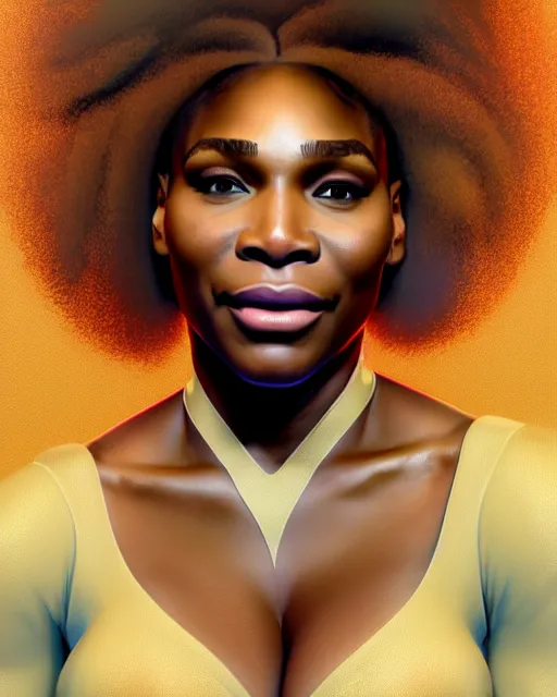 Image similar to Serena Williams as angelic seductress in heaven, au naturel, hyper detailed, digital art, trending in artstation, cinematic lighting, studio quality, smooth render, unreal engine 5 rendered, octane rendered, art style by klimt and nixeu and ian sprigger and wlop and krenz cushart