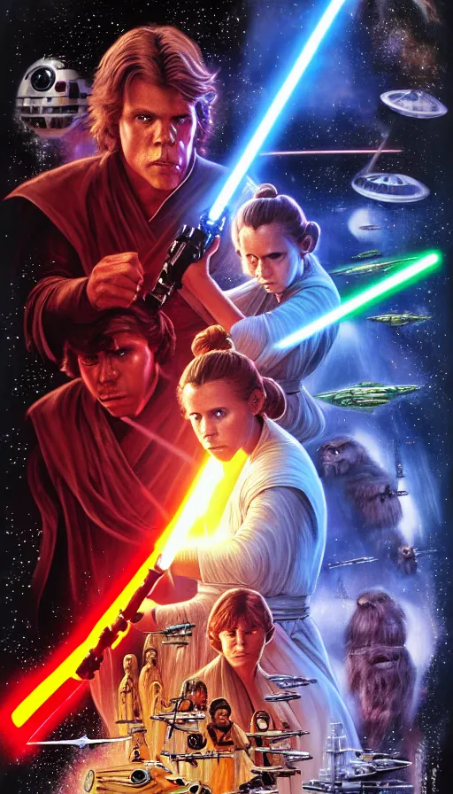 Prompt: poster artwork for the lost jedi star wars unreleased film from 1 9 8 6 featuring portraits luke skywalker, princess leia and han solo montage, an evil female sith lord looms in the background, planets and space battle, moody painting by drew struzan, beautiful backlit, epic award winning, artstation, extremely detailed, photorealistic, 4 k