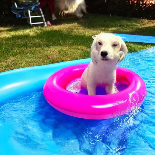 Prompt: enid the dog in a kiddie pool chasing a laser.