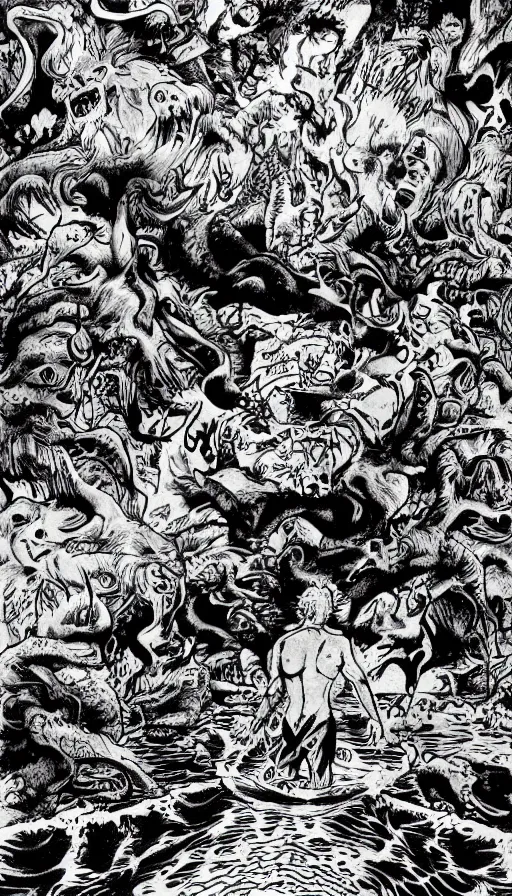 Prompt: man on boat crossing a body of water in hell with creatures in the water, sea of souls, by yoshihiro togashi
