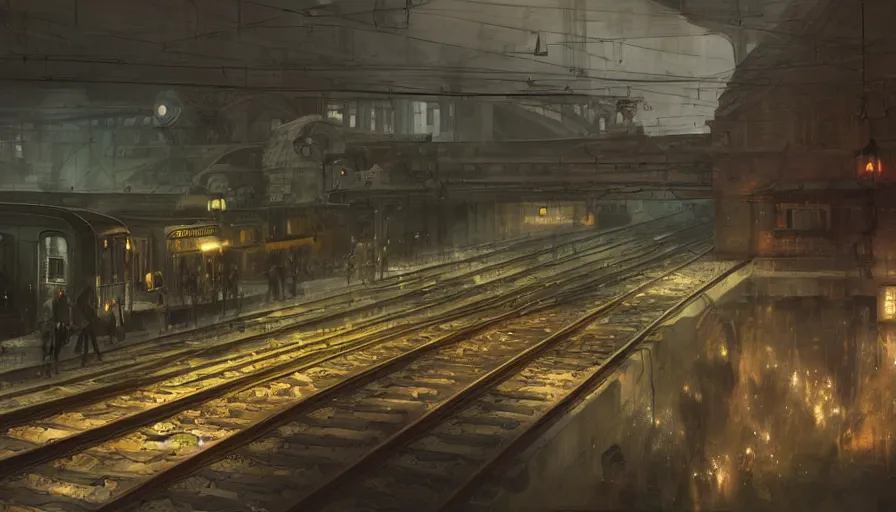 Prompt: Dieselpunk railway station, anamorphic lens, steam, epic composition, intricate, elegant, volumetric lighting, digital painting, highly detailed, artstation, sharp focus, illustration, concept art, ruan jia, steve mccurry