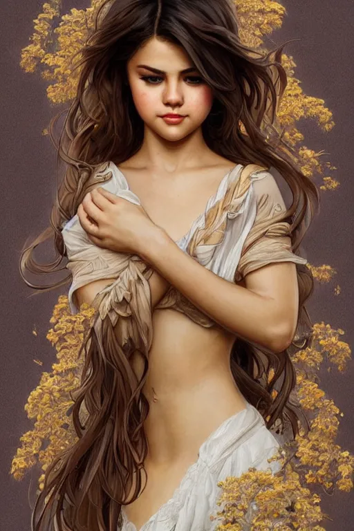 Image similar to beautiful cottagecore selena gomez, intricate, swagger, highly detailed, digital painting, artstation, concept art, smooth, sharp, focus, illustration, art by artgerm and greg rutkowski and alphonse mucha