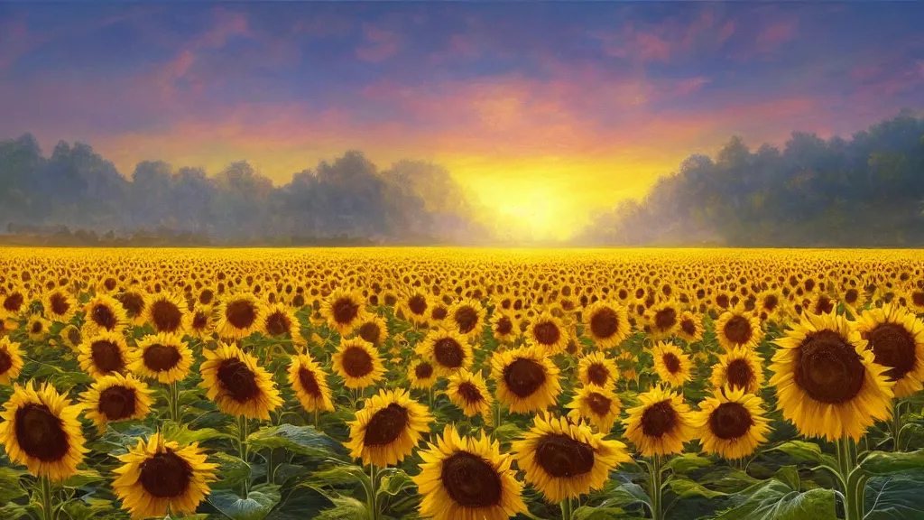 Image similar to beautiful stunning inspiring painting of a calm peaceful sunflower field landscape at sunrise, warm lighting, fantasy, concept art, unreal engine, hyperrealism, trending on artstation