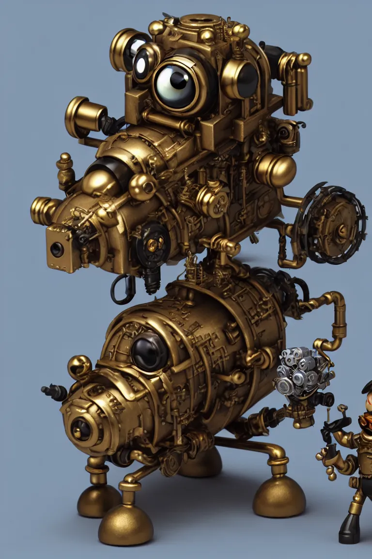 Prompt: a tiny cute steampunk dieselpunk monster with golden pistons and black belts and camshaft pulley and one small machine gun turret and one tiny missile launcher and one small jet engine and big eyes smiling and waving, back view, isometric 3d, ultra hd, character design by Mark Ryden and Pixar and Hayao Miyazaki, unreal 5, DAZ, hyperrealistic, Cycles4D render, Arnold render, Blender Render, cosplay, RPG portrait, dynamic lighting, intricate detail, summer vibrancy, cinematic, centered, focused, sharp