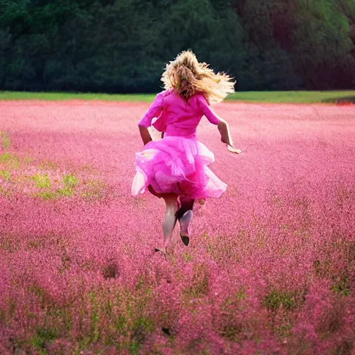 Prompt: a woman in pink frills running around in a field, photograph, photorealistic, award winning photo