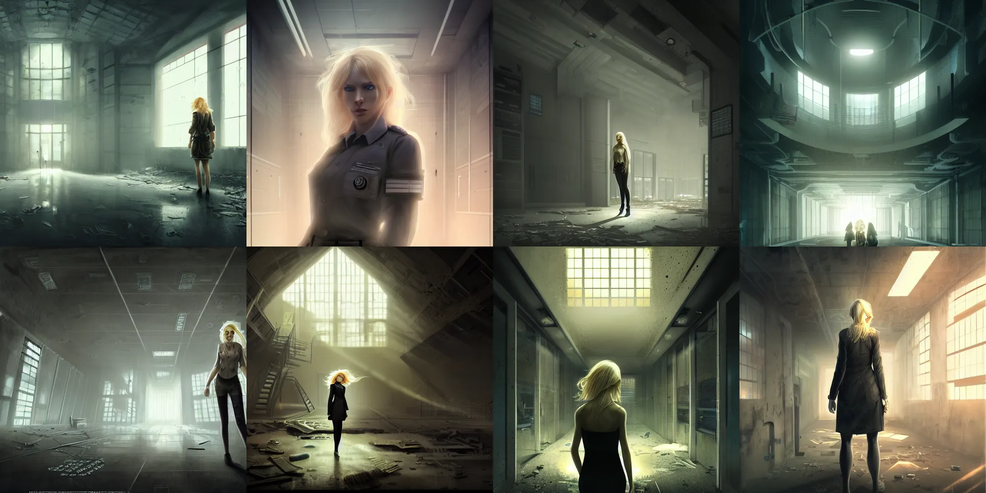 Prompt: a beautiful blonde haired detective woman exploring an abandoned scp foundation facility, epic composition, intricate details, hyper detailed, 8 k, volumetric light, dark atmosphere, face by charlie bowater, and wlop, clear clean face