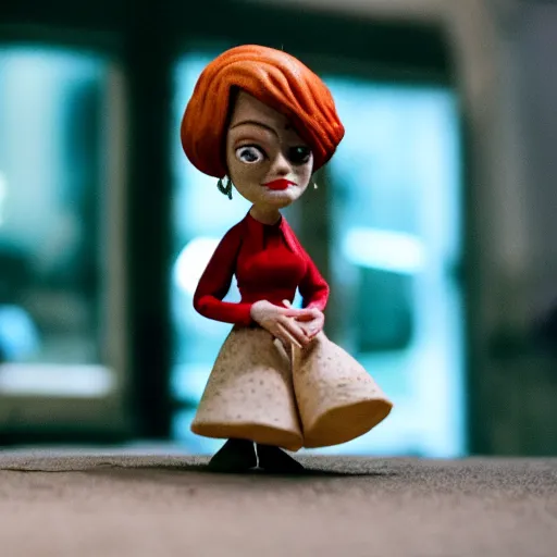 Image similar to a cinematic film still of a claymation stop motion film starring emma stone as shopkeeper, shallow depth of field, 8 0 mm, f 1. 8