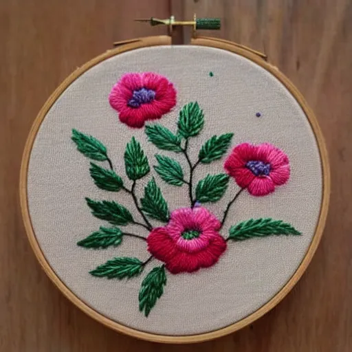 Prompt: a tiny beautiful handmade embroidery of a weddibg bouquet. hand embroidery.